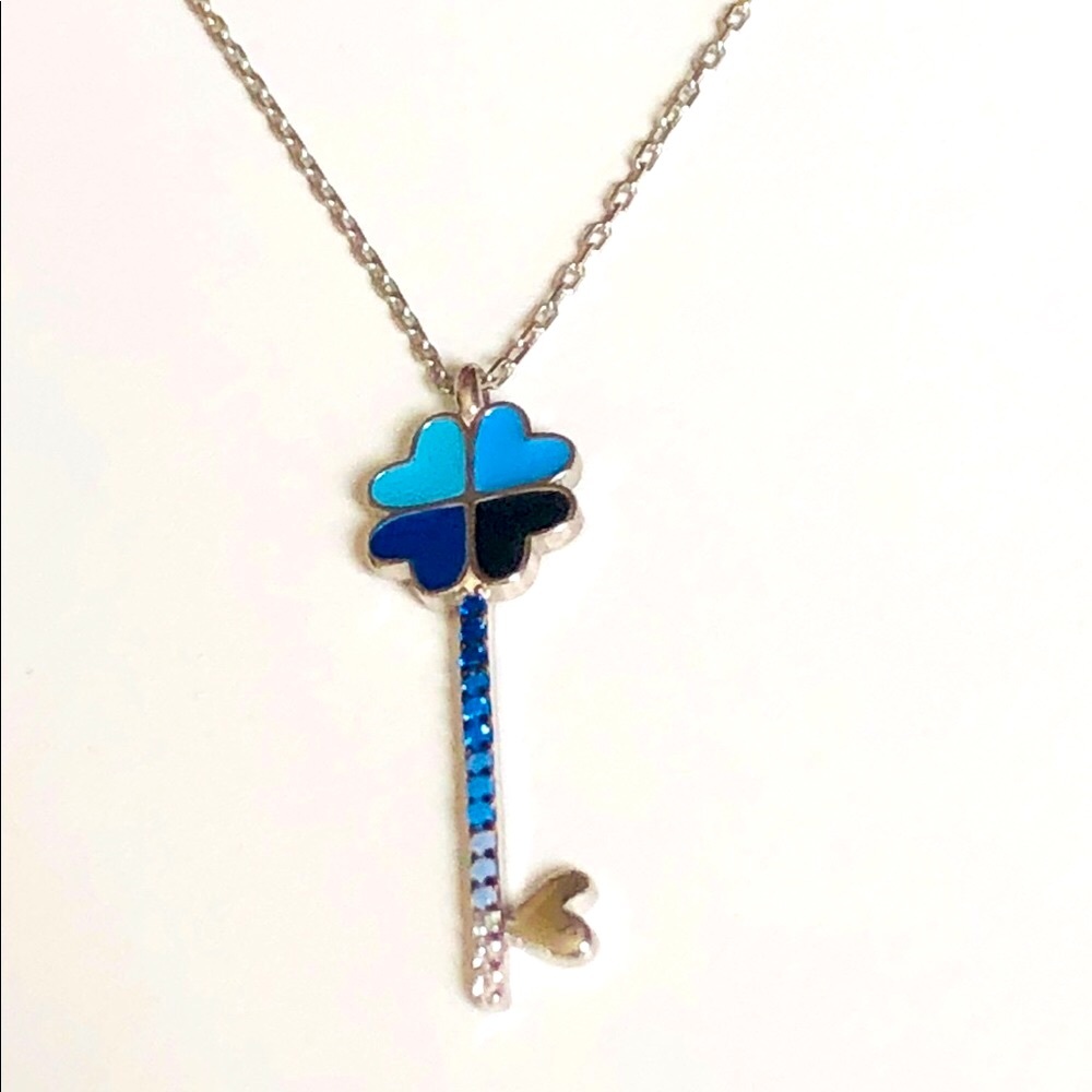 Blue heart clover key 925 silver cz necklace - Picture 3 of 9
